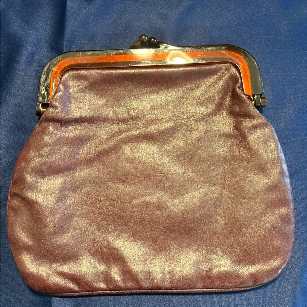 SOLD Vintage Burgundy Leather and Acrylic Tortoise Shell Clutch, with Kiss Clasp - Picture 2 of 13